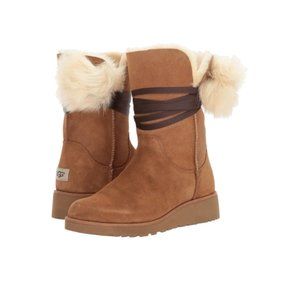 UGG Brita Chestnut Suede/Sheepskin Wedge Pom Pom Boots Sz 7